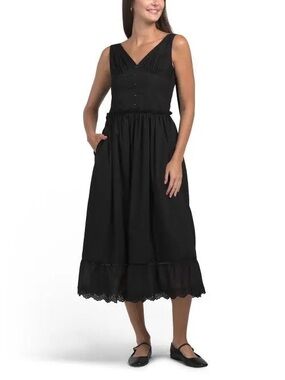 Cotton Jacqui E Black Sleeveless V-Neck Midi Dress with Lace Trim